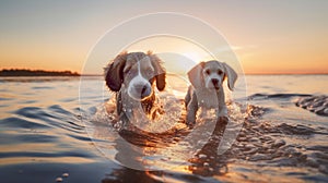 two dog , puppy sit play on sunset in sea water on beach wild field