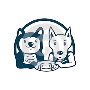 Two dog sharing food in one plate. animal logo. foundation logo. vector illustration