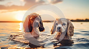 two dog spaniel sit in sea , puppy sit play on sunset in sea water on beach wild fieldandspaniel