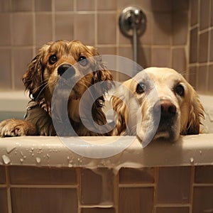 Two Dogs Awaiting Bath Time in Tub, A pair of adorable dogs, one brown and one blonde, sit patiently in a bathtub, awaiting their