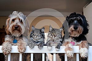 Two dogs and two cats peek over white bar, relaxed