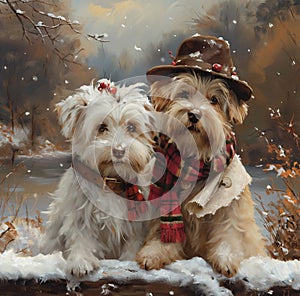 Two dogs dressed with scarfs and grey hat, winter scene