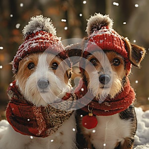 Two dogs dressed with scarfs and red hats, winter scene