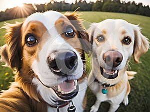 two dogs in a field with trees in the background