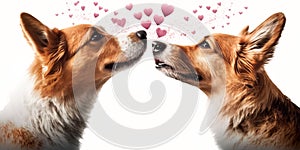 Two dogs and flying hearts. Valentine's Day, love. Couple, relationship. Postcard, greeting card design. Generative