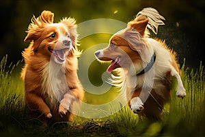 two dogs frolicking in park, tails wagging and tongues hanging out