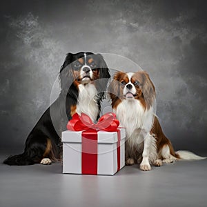 Two dogs with a gift box