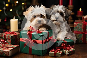 Two dogs with gifts, candles and a Christmas tree. New Year calendar, postcard, holiday banner