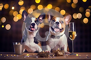 Two dogs with a glass of champagne celebrating the new year