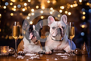 Two dogs with a glass of champagne celebrating the new year