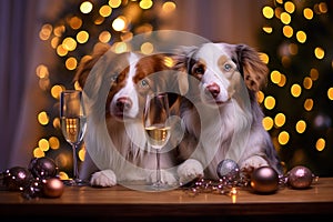 Two dogs with a glass of champagne celebrating the new year