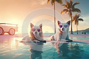 Two dogs in glasses lie on sunbeds on the sand on the beach near the ocean, tropics and sea, palm trees weekend summer vacation,