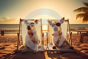 Two dogs in glasses lie on sunbeds on the sand on the beach near the ocean, tropics and sea, palm trees weekend summer vacation,