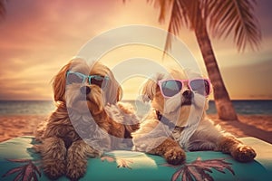 Two dogs in glasses lie on sunbeds on the sand on the beach near the ocean, tropics and sea, palm trees weekend summer vacation,