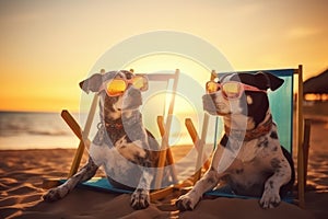 Two dogs in glasses lie on sunbeds on the sand on the beach near the ocean, tropics and sea, palm trees weekend summer vacation,