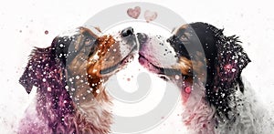Two dogs are kissing. Watercolor effect. Valentine's Day, love. Couple, relationship. Postcard, greeting card design