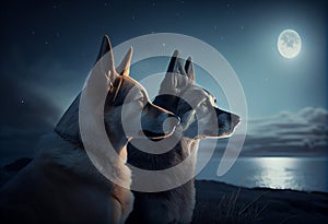 two dogs looking at the moon