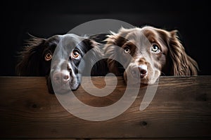 Two dogs looking out of a wooden box on a black background. Cute dogs peeking over a wooden board, AI Generated