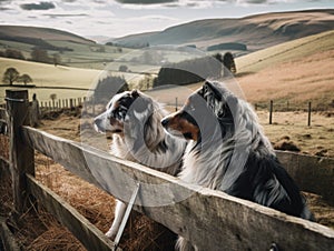Two dogs looking over a wooden fence, AI