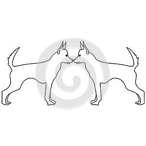 Two dogs nose to nose with upturned tails, dog friendship or acquaintance, pets coloring page for children, vector outline