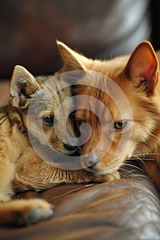 Two dogs, one resembling a small shepherd, share a close and peaceful moment on a leather couch.