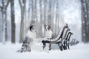 Two dogs on a park bench in winter. Border Collie Together Outdoors in the Snow