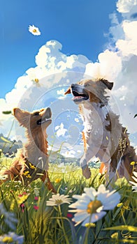 Two dogs playing in a field on a sunny day