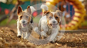 Two dogs racing through an obstacle course in a challenge organized for Canine Fitness Month, showing competition as a
