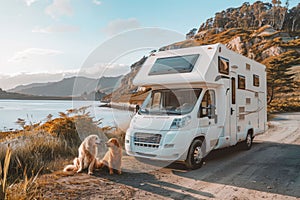 Two dogs sit by an RV on a dirt road, under a cloudy sky