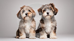 two dogs sitting Beautiful happy reddish havanese puppy dog is sitting frontal and looking at camera, isolated on white