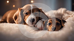 two dogs sitting on the floor A peaceful scene of a newborn baby puppy and a dachshund sleeping side by side