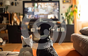 Two dogs sitting in front of TV