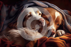 two dogs, snuggling and napping on warm, comfy blanket