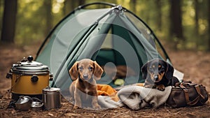 two dogs in a tent A humorous depiction of a newborn puppy and a dachshund asleep in a miniature tent,