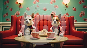 Two dogs in tuxedos sitting on a red couch, AI