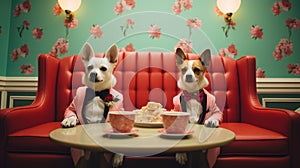 Two dogs in tuxedos sitting on a red couch, AI photo