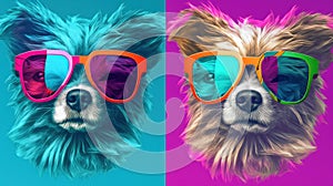 Two dogs wearing sunglasses on a blue and pink background. Generative AI image.