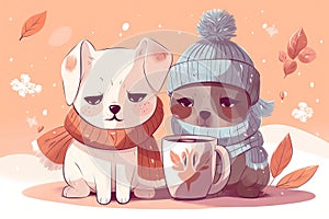 two dogs wearing winter clothes and holding coffee mugs with leaves on the ground in the background and a pink background with