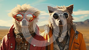 two dogs in winter clothes standing together, all wearing sunglasses