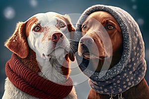 Two dogs winter mood friendship and love, animals, pets