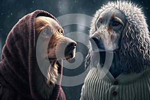 Two dogs winter mood friendship and love, animals, pets