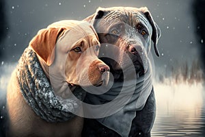 Two dogs winter mood friendship and love, animals, pets