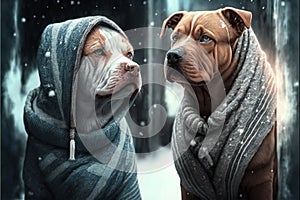 Two dogs winter mood, friendship and love, creative digital illustration painting