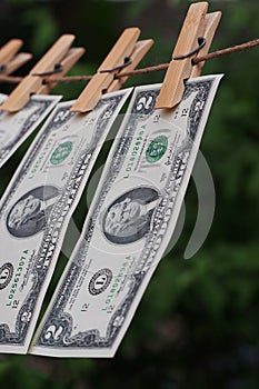 Two dollar bill fixed on clothes peg with green blur backgroung