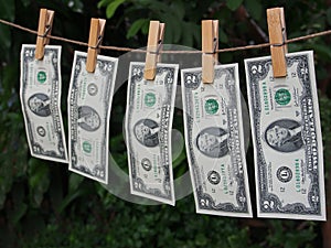 Two dollar bill fixed on clothes peg with green blur backgroung