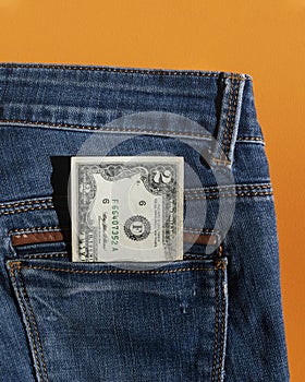 Two-Dollar Bill, Rare 2 American dollar bill in denim trouser pocket. Two us dollar note, paper money