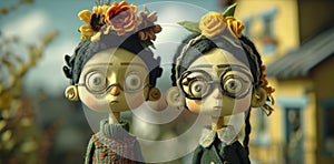 Two dolls with glasses and flowers on their heads, AI