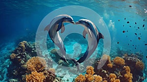 Two Dolphins Forming A Heart Shape Underwater