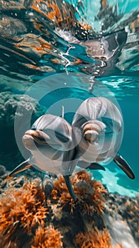 Two dolphins glide harmoniously under the crystal-clear sea near the ocean floor, showcasing the beauty and serenity of