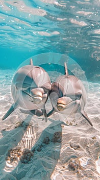 Two dolphins glide harmoniously under the crystal-clear sea near the ocean floor, showcasing the beauty and serenity of